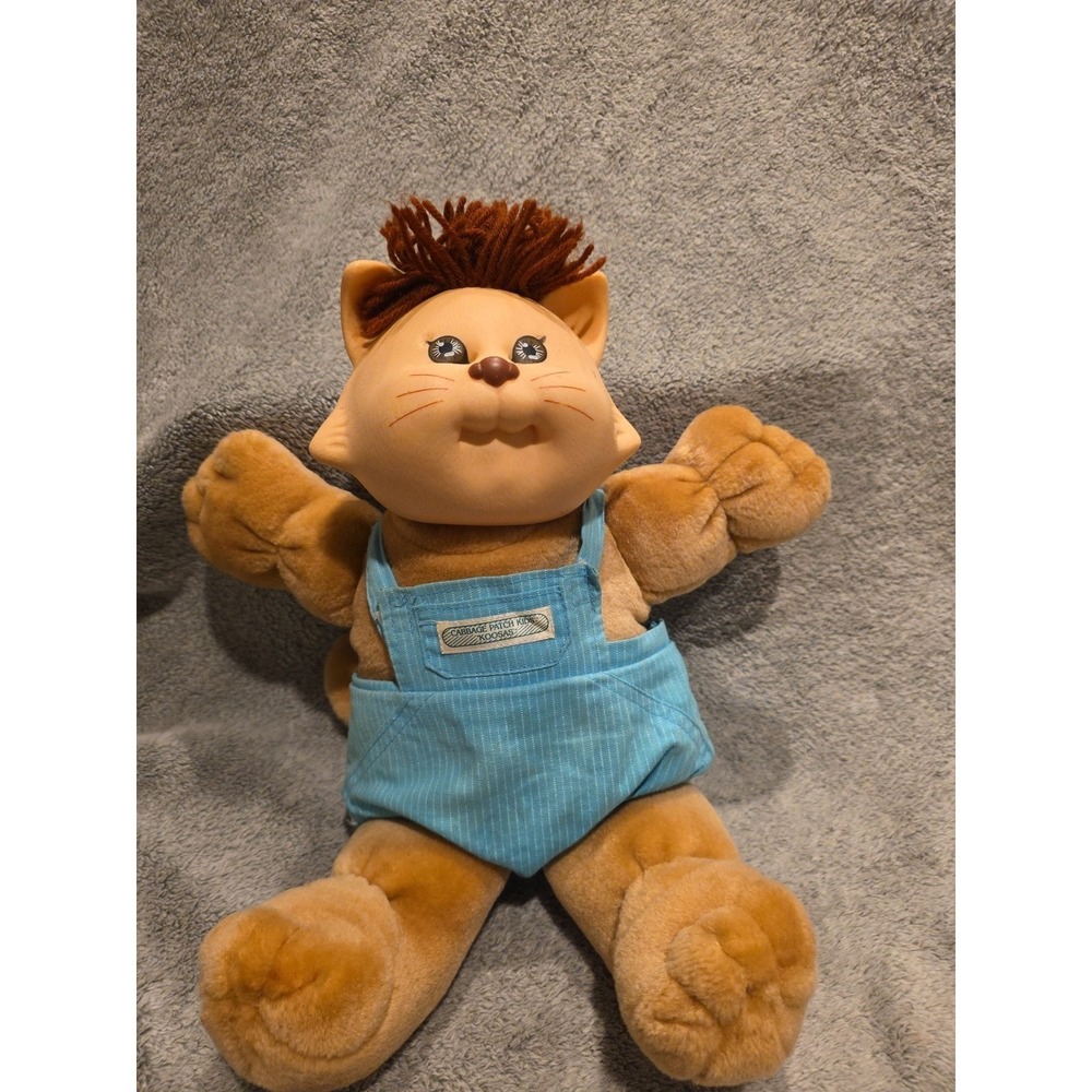 Cabbage Patch Kids - Vintage 1983 Koosas 14" Brown Plush Cat Doll Blue Overalls